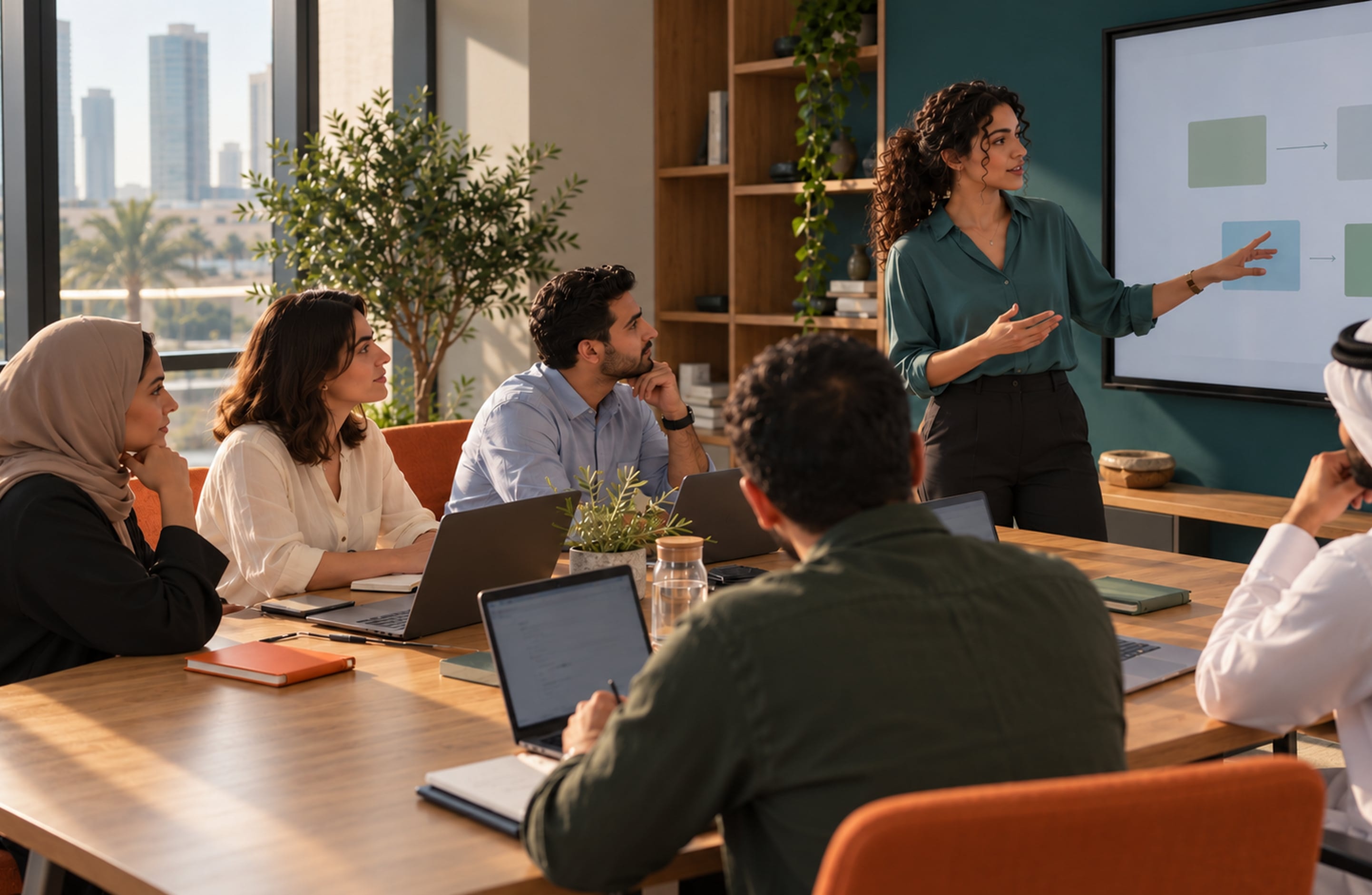 A woman presenting a workflow on a screen to colleagues seated around a meeting table with laptops