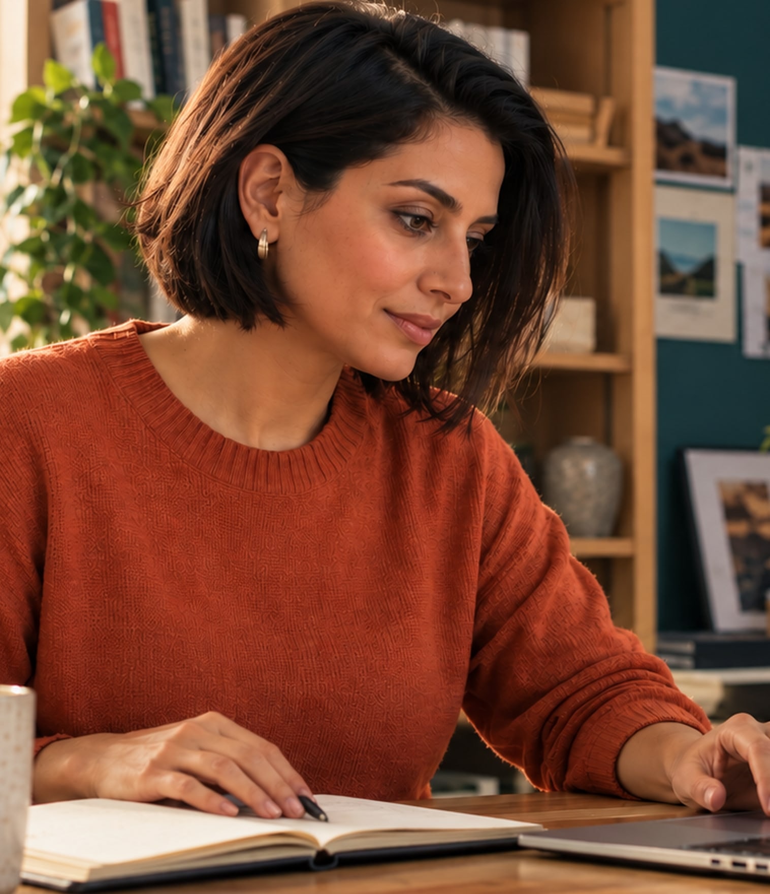 A woman in an orange sweater writing in a notebook at her desk, a laptop open beside her