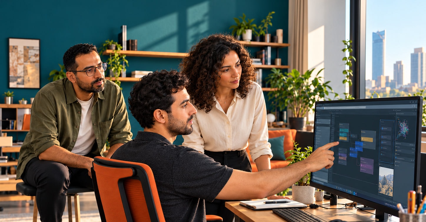 Three colleagues at a desk reviewing a workflow diagram on a monitor, one pointing at the screen