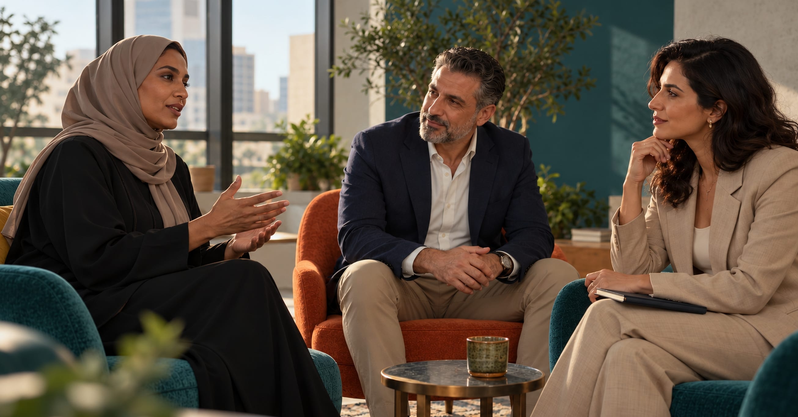 Three colleagues in conversation in an office lounge, one woman explaining while the others listen