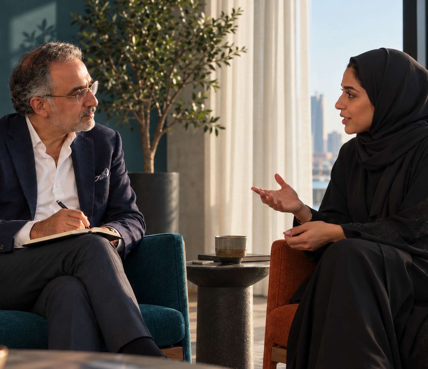A consultant taking notes while a client talks through her goals in an office lounge
