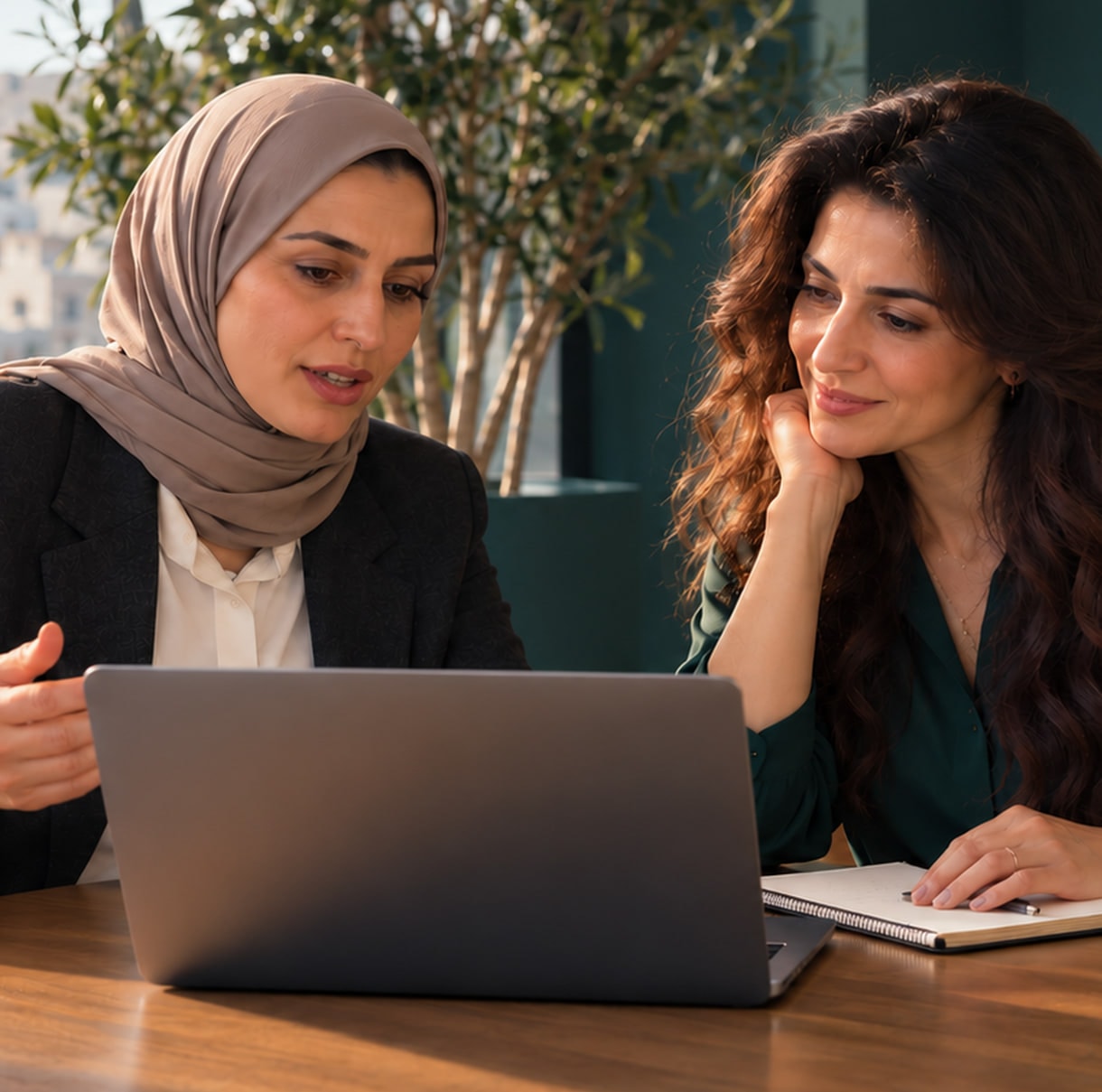 Two women reviewing work together on a laptop at a table, one pointing at the screen