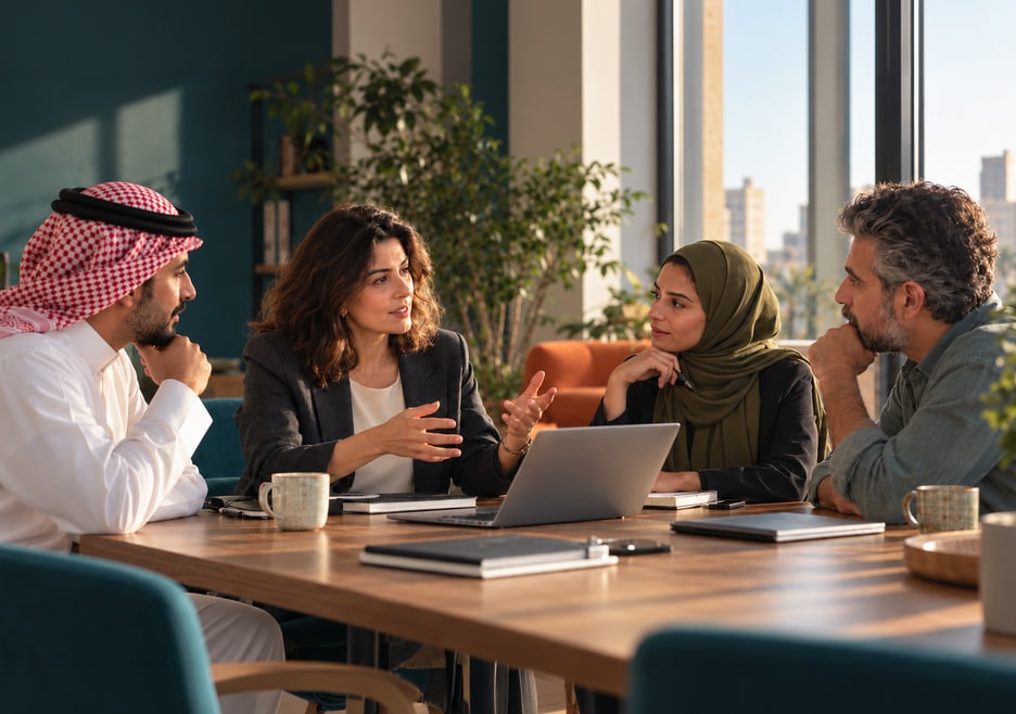 Four colleagues talking around a meeting table with laptops and notebooks